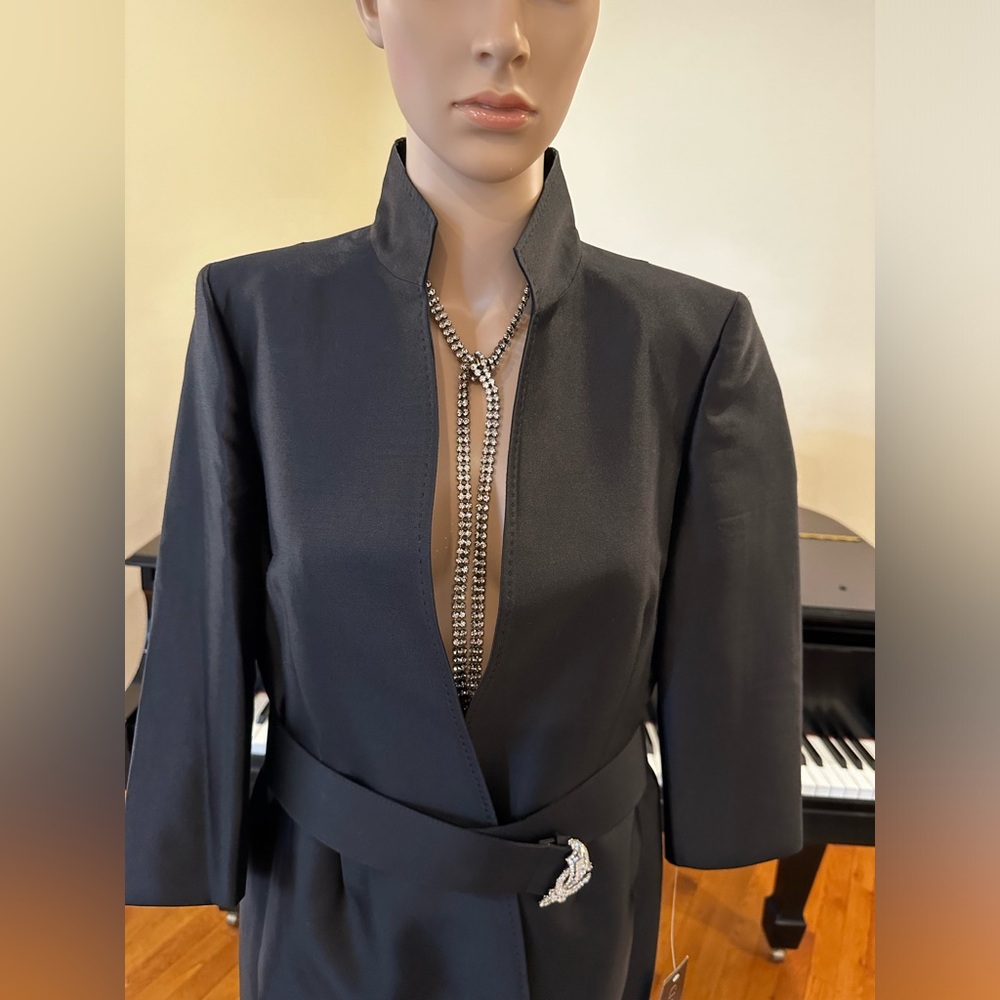 NWT Luxury Party Minimalist Vintage Albert Nipon Faux Fur Trim Coat Jeweled Belt - Picture 7 of 13